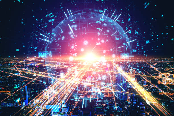 istock Smart city technology with futuristic graphic of digital data transfer 1296532818