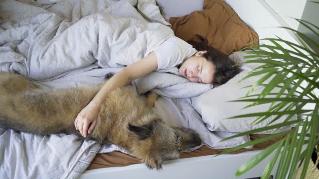 woman and dog sleep in bed