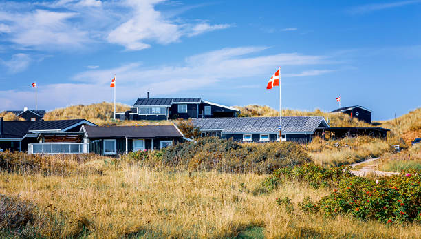 typische dänische sommerhäuser im norden dänemarks - denmark house flag danish flag stock-fotos und bilder