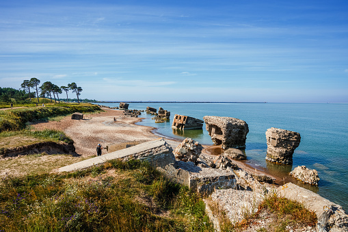 Liepaja, Latvia: View of the Karosta coast littered with parts of the fortifications of the naval base of Tsarist Russia.