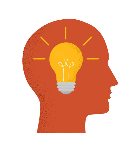 istock Vector illustration with human head and light bulb. Trendy concept of business, thinking, creativity, finding solution, idea. Symbol, icon with modern grain shadow 1296550609