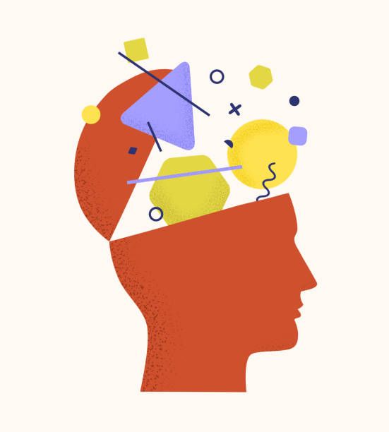 istock Vector illustration of human head silhouette with geometric shapes and elements as brain isolated on white. Concept of mental health, thinking process, solving problems, searching solution 1296550631