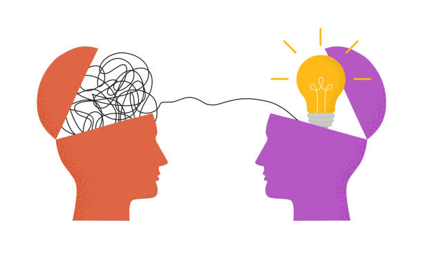 istock Vector illustration with two human heads with mess in one and light bulb in another. Trendy concept of business, thinking, creativity, finding solution, communication, idea. Symbol, icon 1296551162