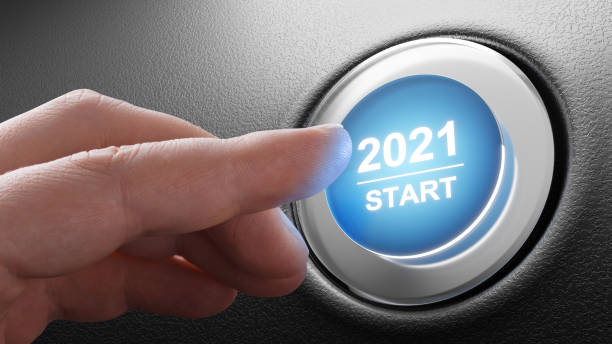 istock 2021 - Press the start button. Concept of the New Year. 3D illustration 1296551473