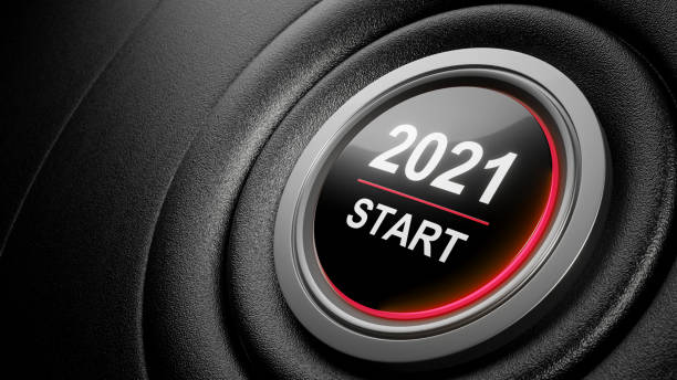 istock 2021 - Press the start button. Concept of the New Year. 3D illustration 1296551496