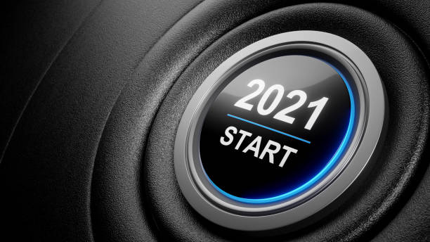 istock 2021 - Press the start button. Concept of the New Year. 3D illustration 1296551676