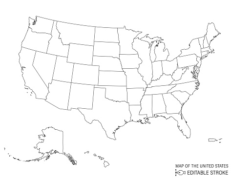 United States Of America map in line art style. The black lines are editable and the map has a transparent base in the vector file. The state lines are on their own layer and can be turned on to use the outline of the country. The individual states cannot be separated.