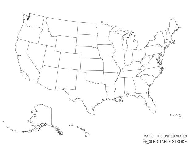 United States Of America map in line art style. The black lines are editable and the map has a transparent base in the vector file. The state lines are on their own layer and can be turned on to use the outline of the country. The individual states cannot be separated.
