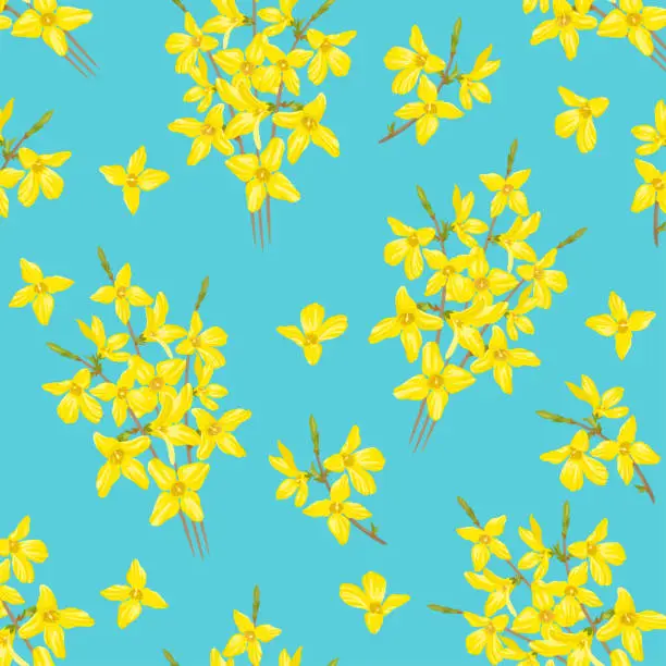 Vector illustration of Yellow forsythia flowers on a blue background. Spring floral seamless pattern. Vector illustration in cartoon flat style.