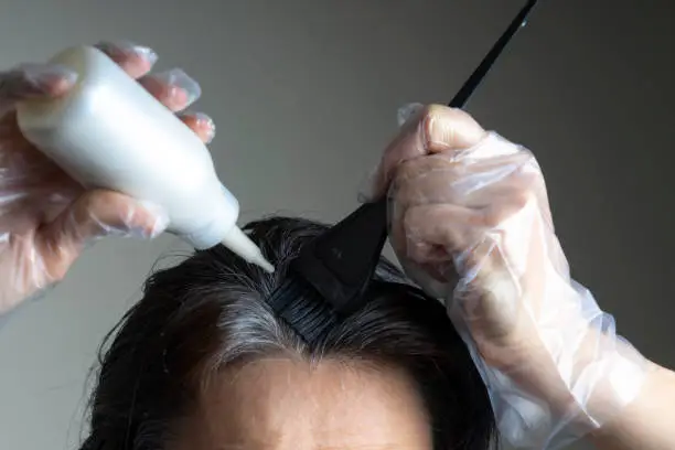 Photo of Closeup woman hands dyeing hair using black brush. Middle age woman colouring dark hair with gray roots at home