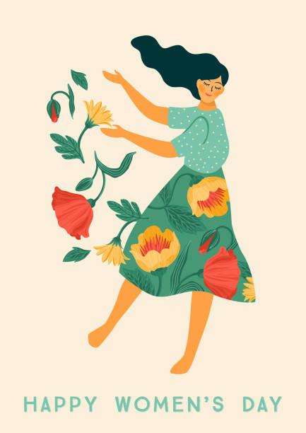 International Women s Day. Vector template with dancing woman and flowers for card, poster, flyer and other International Women s Day. Vector template with dancing woman and flowers for card, poster, flyer and other users springtime woman stock illustrations