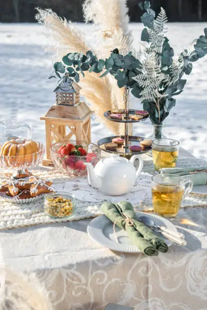 Romantic Winter Tea Time Table Outdoors on sunny field with cosy blankets and tea cakes
