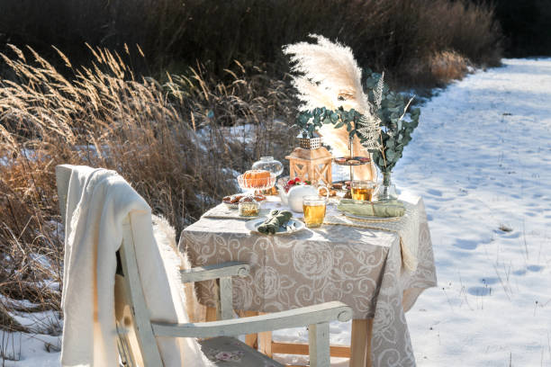 istock Romantic Winter Tea Time Table Outdoors on sunny field 1296573472