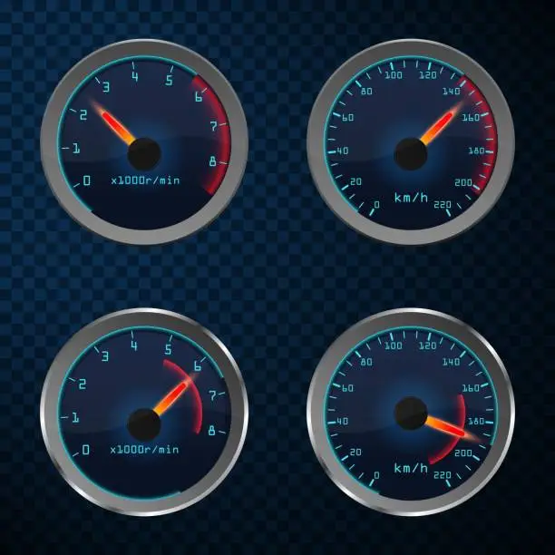 Vector illustration of Car speedometer set of dashboard speed meters. Motorbike or motorcycle, auto or automobile, lorry speed measure gauge.