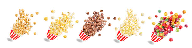 Set of popcorn: classic salt, cheese, chocolate, caramel and sweet multicolor Set of popcorn: classic salt, cheese, chocolate, caramel and sweet multicolor. toning. selective focus popcorn snack bowl isolated stock pictures, royalty-free photos & images