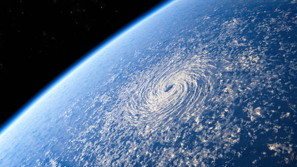 vista satelital del ojo de la tormenta, tormenta tropical. formación de huracanes. presión atmosférica. tierra, globo - the eye of the storm thunderstorm storm cloud fotografías e imágenes de stock