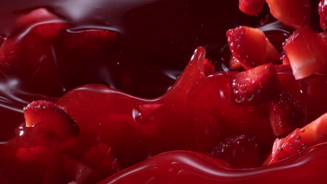 strawberries splashing into strawberry jam / syrup