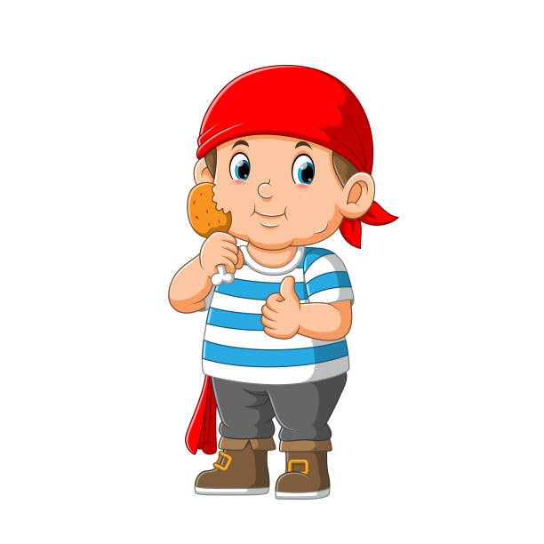 Kid Pirate Cartoon Character holding fried chicken Kid Pirate Cartoon Character holding fried chicken of illustration scared chicken cartoon stock illustrations