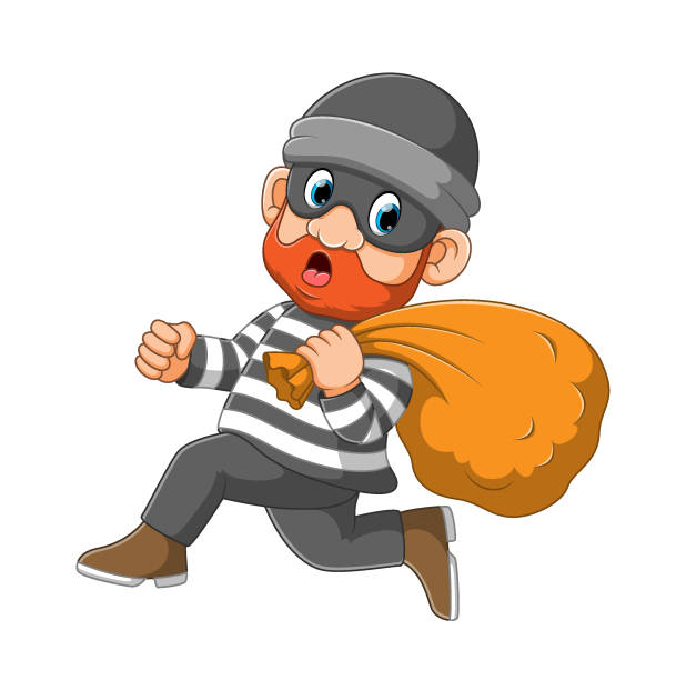 ilustraciones, imágenes clip art, dibujos animados e iconos de stock de el ladrón con la máscara está corriendo para conseguir una manera de la policía - adulador