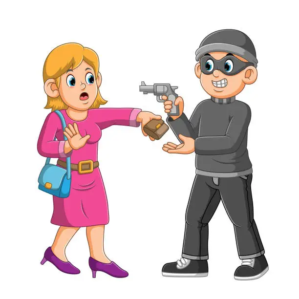 Vector illustration of The robber with the gun is stealing the wallet from the women