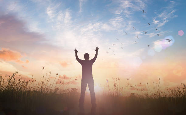 istock Silhouette of healthy man raised hands 1296589233