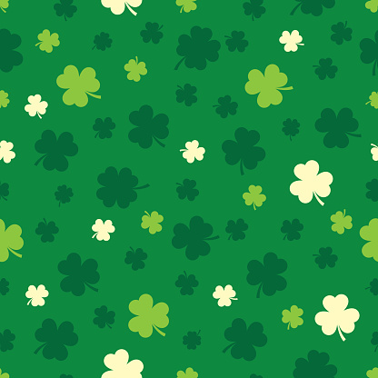 Vector illustration of three leaf clovers in a repeating pattern against a green background.