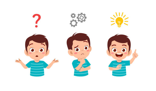 Happy Cute Little Kid Boy Thinking And Searching Idea Process Stock  Illustration - Download Image Now - iStock