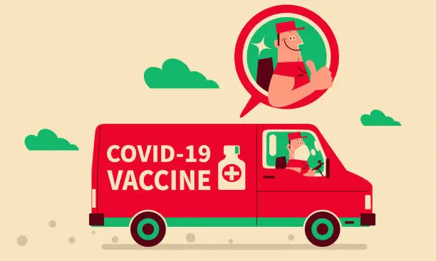 Vector illustration of Smiling driver with face mask driving a delivery van delivering COVID-19 vaccine (distribution), giving a thumbs-up, COVID-19 vaccine shipment concept, coronavirus vaccine doses arrive
