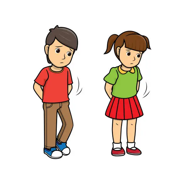 Vector illustration of A couple of boy and girl feeling guilty from creating chaos.Used to compose teaching materials in a set that expresses emotions.
