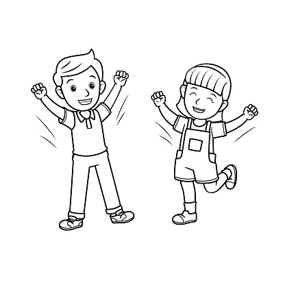 A couple of children feeling happy. Raise arms to the air. For emotion/face expression concepts for kids education. Only black and white for coloring page.Used to compose teaching materials in a set that expresses emotions.
