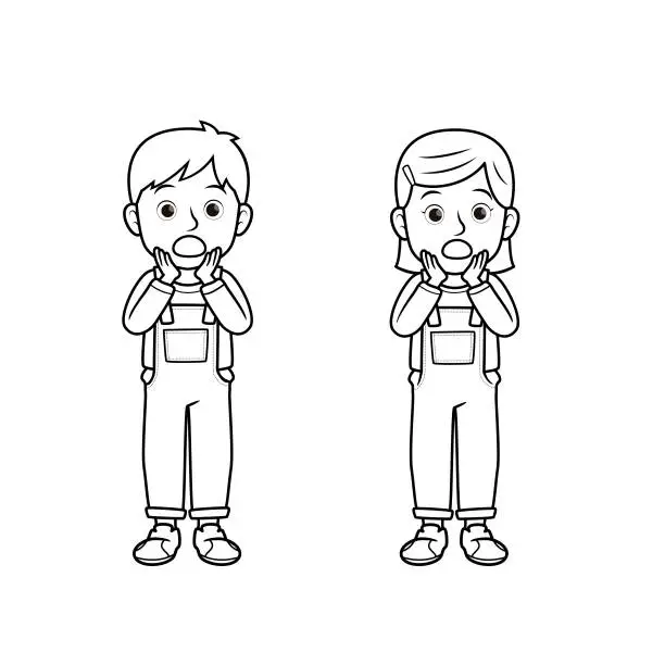 Vector illustration of A couple of children feeling surprised. One man and one woman showing face expression. For emotion concepts for kids education. Only black and white for coloring page.Used to compose teaching materials in a set that expresses emotions.