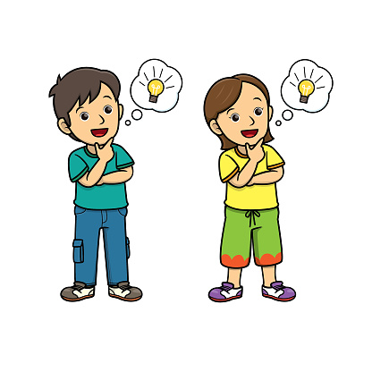 People thinking with a lightbulb in the speech bubble/cloud callout. For human face expression or emotion concepts.Used to compose teaching materials in a set that expresses emotions.