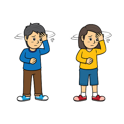 An action of man and woman having a headache/getting dizzy. For human face expression or emotion concepts.Used to compose teaching materials in a set that expresses emotions.