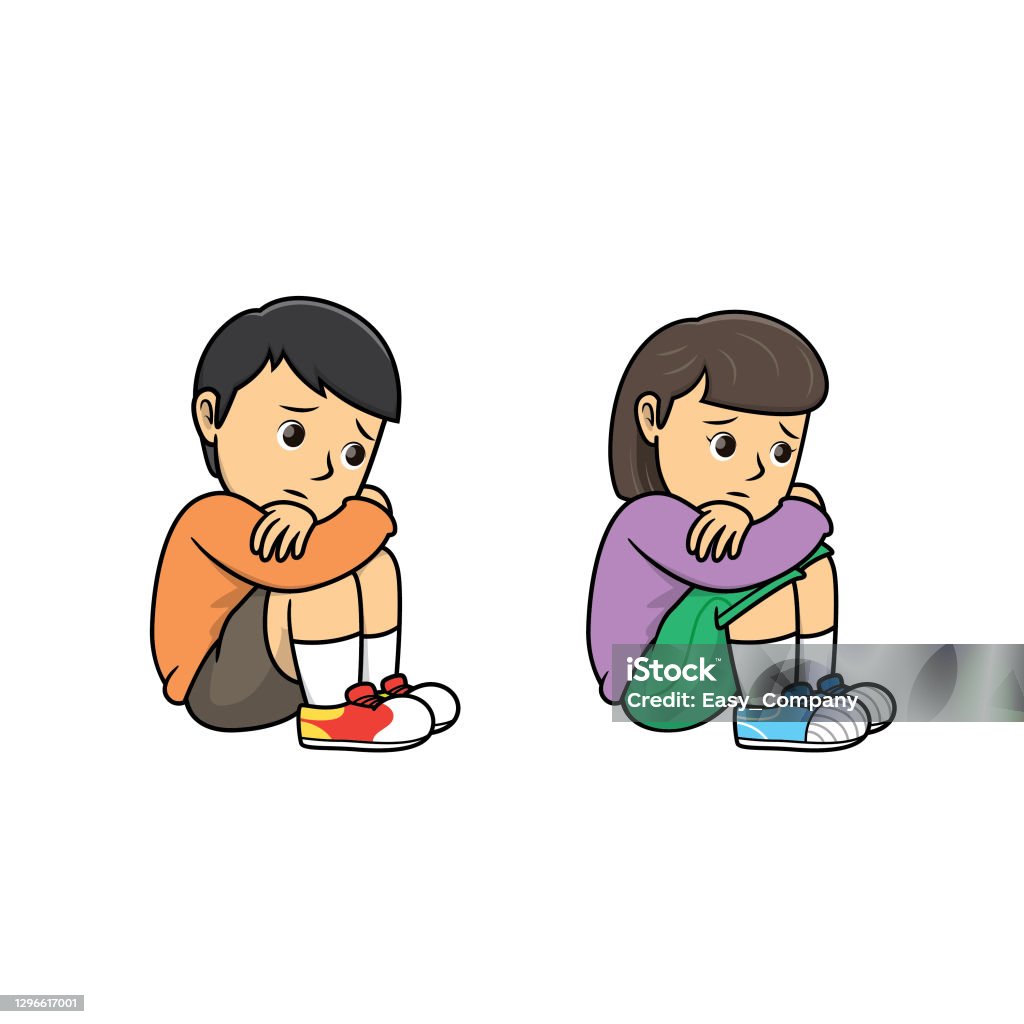 Boy And Girl Sitting And Hugging Arms Around Their Knees Because Of Feeling  Lonely For Human Emotion Or Face Expression Conceptsused To Compose  Teaching Materials In A Set That Expresses Emotions Stock