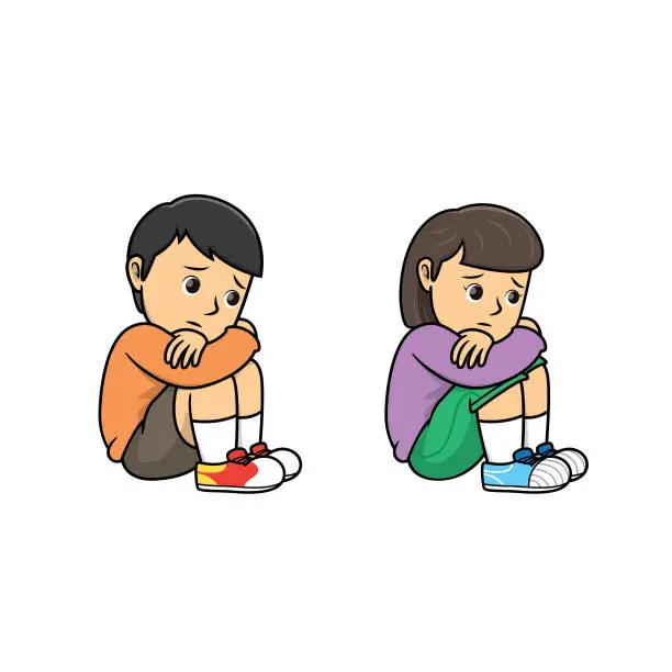 Vector illustration of Boy and girl sitting and hugging arms around their knees because of feeling lonely. For human emotion or face expression concepts.Used to compose teaching materials in a set that expresses emotions.