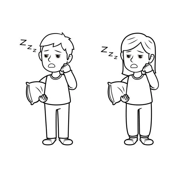 Vector illustration of A couple of children feeling sleepy. For human emotion or face expression concepts. Only black and white for the coloring page.Used to compose teaching materials in a set that expresses emotions.