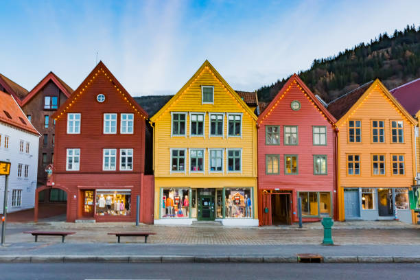 view of bryggen in bergen, norway view of bryggen in bergen, norway bergen norway stock pictures, royalty-free photos & images