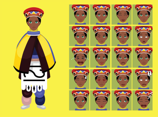 Manga Style Tribe Woman Ndebele Cartoon Character Emotions Cartoon Emoticons EPS10 File Format nguni cattle stock illustrations