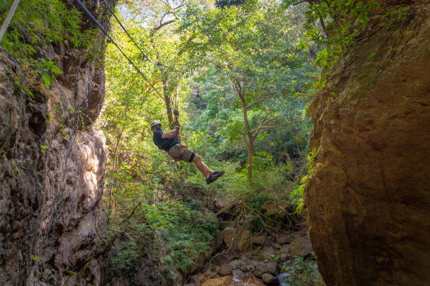 istock Latin man on a zip line in Costa Rica 1296626179