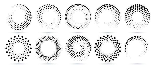 Round dotted frame, halftone pattern border and abstract circles graphic design vector set