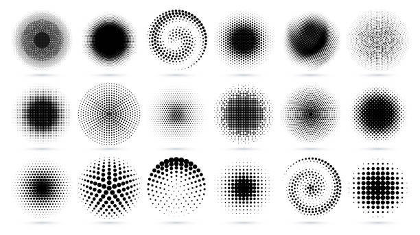 Halftone circles Round dotted texture, radial geometric dots pattern and graphic decor circles vector set half tone stock illustrations