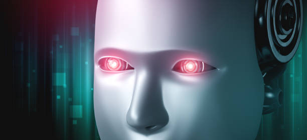 istock Robot humanoid face and eyes close up view 3D rendering 1296634003