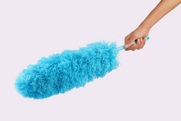 Boy holding Soft microfiber duster with plastic handle stock photo