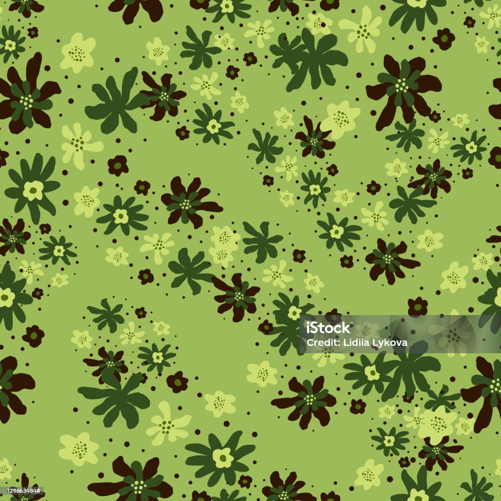 Green Patternms Random Botanic Seamless Pattern With Random Green Flowers Elements Light Green ...