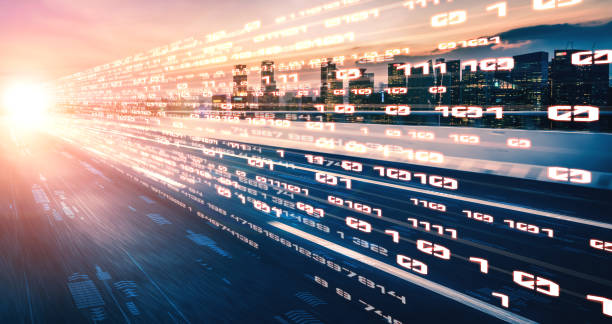 istock Digital data flow on road with motion blur to create vision of fast speed transfer 1296635026
