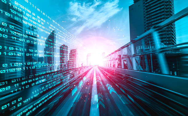 istock Digital data flow on road with motion blur to create vision of fast speed transfer 1296635659