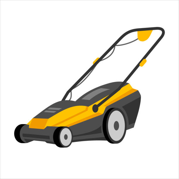 Push Lawn mower vector illustration. Black and yellow lawn mower with a grass catcher. Object isolated on a white background, clipart. Lawnmower with wheels and handle in cartoon style. Push Lawn mower vector illustration. Black and yellow lawn mower with a grass catcher. Object isolated on a white background, clipart. Lawnmower with wheels and handle in cartoon style lawn mower clip art stock illustrations