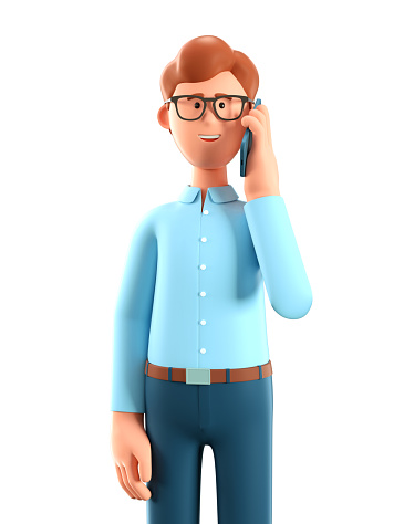 3D illustration of happy man talking on the phone. Close up portrait of cute cartoon smiling businessman using smartphone, isolated on white.