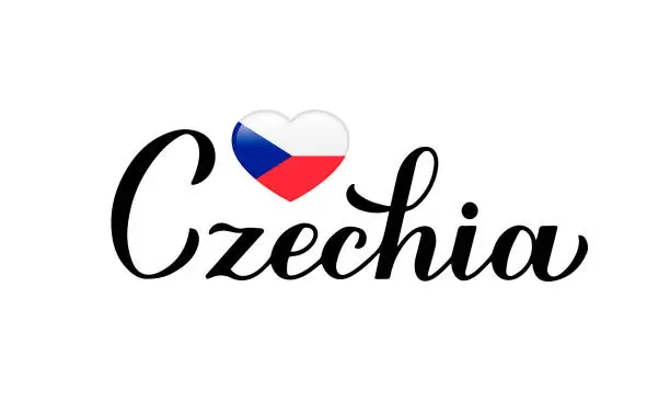 Vector illustration of Czechia calligraphy hand lettering isolated on white. Czech flag in shape of heart. Easy to edit vector template for typography poster banner, flyer, sticker, shirt, postcard, etc