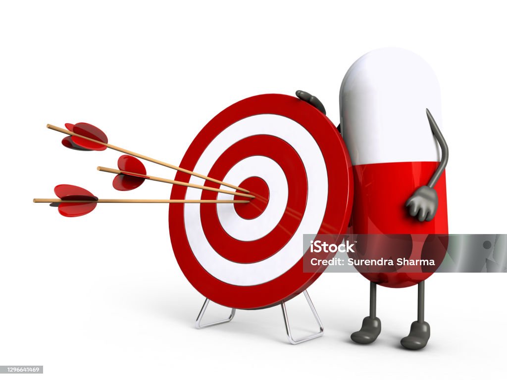 3d capsule. Capsule with dart board and dart in target center of the dartboard. 3d illustration. Achievement Stock Photo